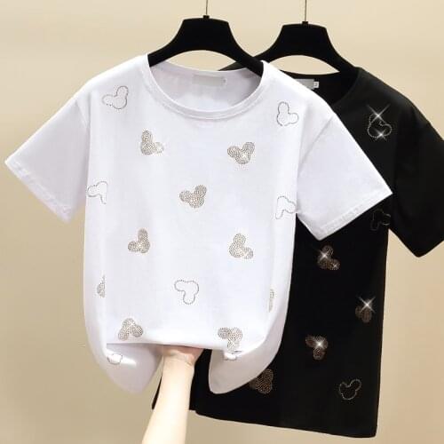 New White T shirt Women 2021 Clothes Diamond Cotton Korean Casual Female T-Shirt Summer Tops Black Short Sleeve Tee Shirt