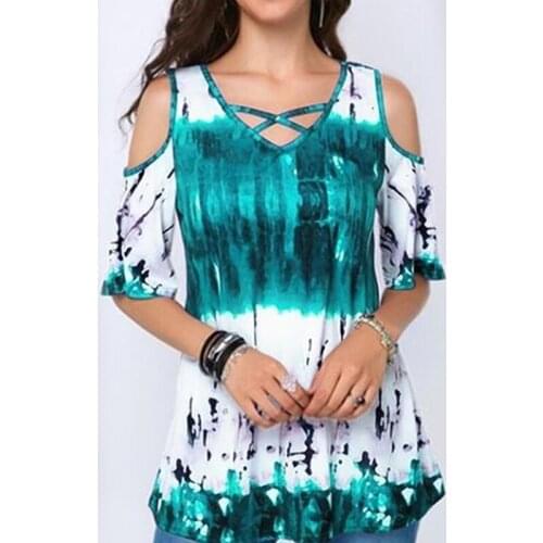 2020 Summer Fashion Womens Cotton Sexy Off Shoulder Casual Loose Short Sleeve Print T-Shirt Lady Plus Size Party Tee V Neck Top