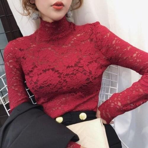 Spring New Fashion 2021 Women Long Sleeve Half High Collar Lace Hollow Out Blouse Slim Casual Skinny Bottoming Floral Shirts