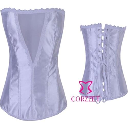 Women Corsets Overbust Transparent V Mesh and Satin Sexy Bustier Crop Top Bridal Corset White Zipper Corselet Espartilho