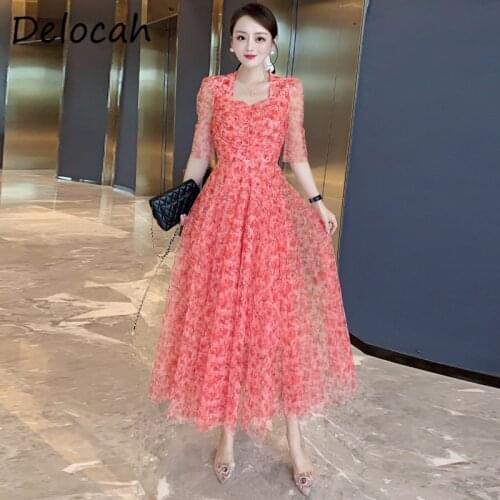 Delocah New 2021 Summer Women Fashion Designer Beach Holiday Long Dress Half Sleeve High Waist Floral Print Ladies A-Line Dress