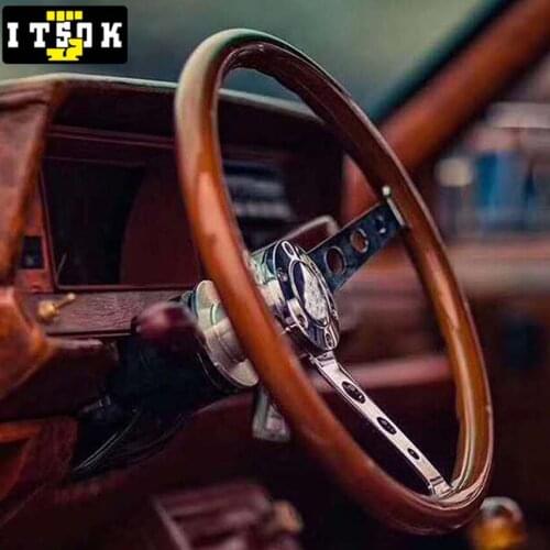 Wood Steering Wheel Universal 15" Real Solid Wooden Chrome Silver Iron Spoke Classic Vintage Nostalgia 15inch 380mm Popular