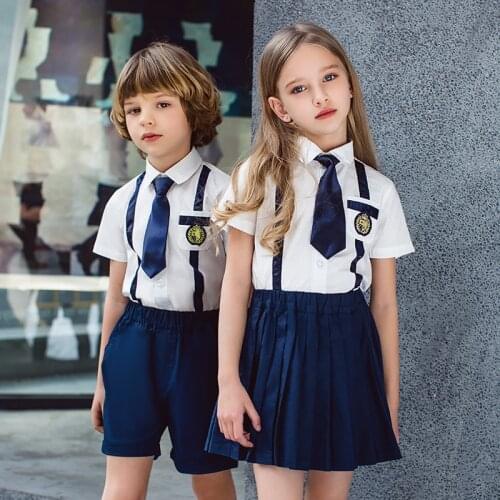Children Cotton Korean Japanese School Uniforms Girls Boys Kid White T Shirt Navy Pleated Skirt Shorts Tie Student Outfits Sets