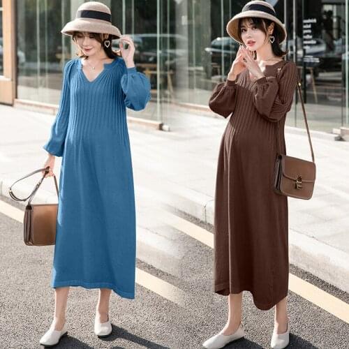 Pregnant womens long dress autumn fashion long sleeve knitted skirt loose solid v-neck maternity sweater dress for pregnant