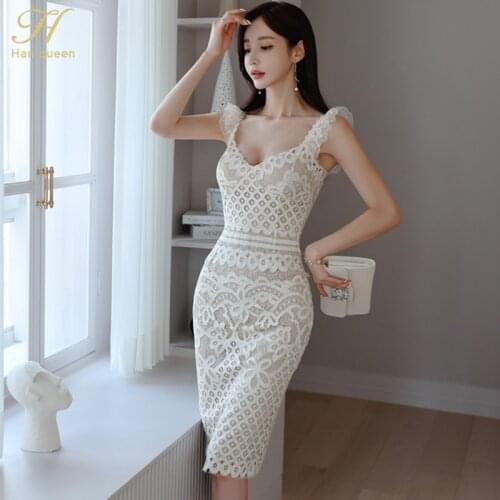 H Han Queen Elegant Sexy Lace Pencil Bodycon Dress Womens Hollow Out Vintage Simple Sheath Dresses OL Work White Vestidos New