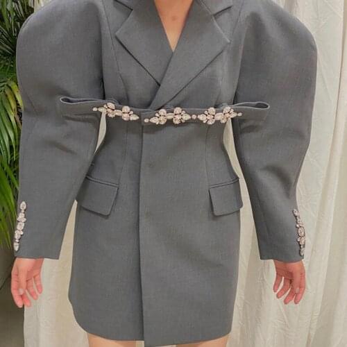 European Spring New Design Sense Loose Mid-length Thin Temperament Retro Bubble Sleeve Rhinestone Suit Jackets Women Fashion