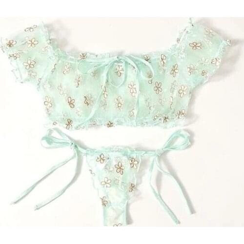 Womens Underwear Two Piece Set, Perspective Printed Mesh Top Pleated Pantie Suit for Female