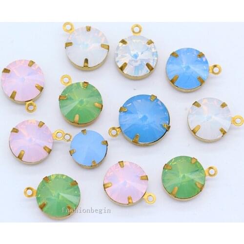 8-14mm Round Rivoli Opal Crystal rhinestone Framed glass Pendant Necklace Earrings Findings Connectors Charm Faceted Brass beads