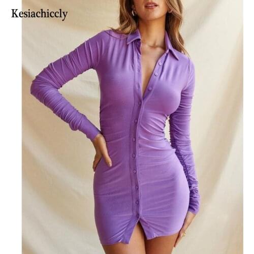 Kesiachiccly Ruched Buttons Women Summer Dress Long Sleeve Turn Down Collar Mini Dresses Casual Homewear Vestidos For Party New