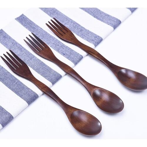 Natural Wood Cutlery Dual Head Soup Spoon Fork Dinner Tableware Set DIY Kitchen Accessories