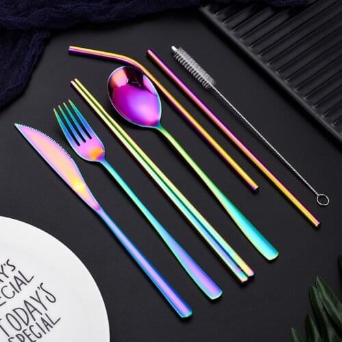 Stainless Steel Fork Scoop Chopsticks Straw Brush Set Rainbow Cutlery with Pouch Portable Reusable Travel Dinnerware Set 304