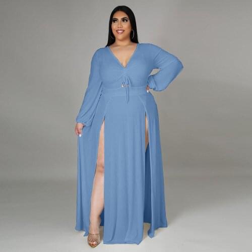 New Trend Womens Sexy Urban Casual Fashion V-Neck Solid Color Three-Quarter Sleeve Split Dress [Large Size]