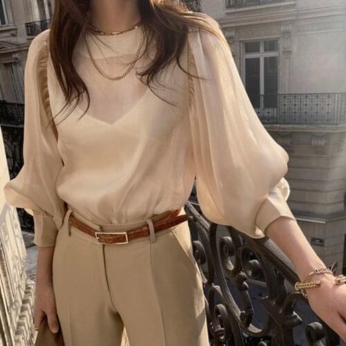 Perspective transparent elegant termperament all-match shirt simple solid light summer shirt chic elegant fashion streetwear top