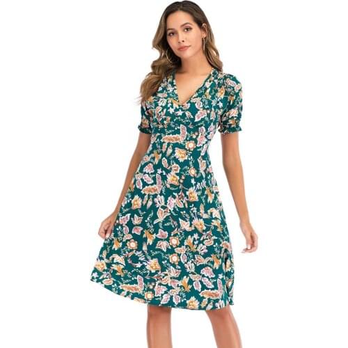 Dresses for Women 2021 Casual Floral Female Clothes Plus Size Short Flare Sleeve Summer Dress V-neck Loose Chiffon Midi Dress