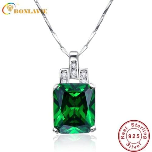 BONLAVIE 2017 Luxury 6.95ct Emerald Square Pendant Charm Solid 925 Sterling Silver Vintage Fashion Necklace with Elegant Box