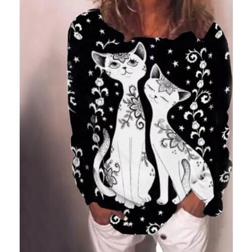 Plus Size T-Shirts Women Long Sleeve 3D Animal Cat Printed O-Neck Tops Tee T-Shirt Cute Elegant Pullover Shirts mujer camisetas