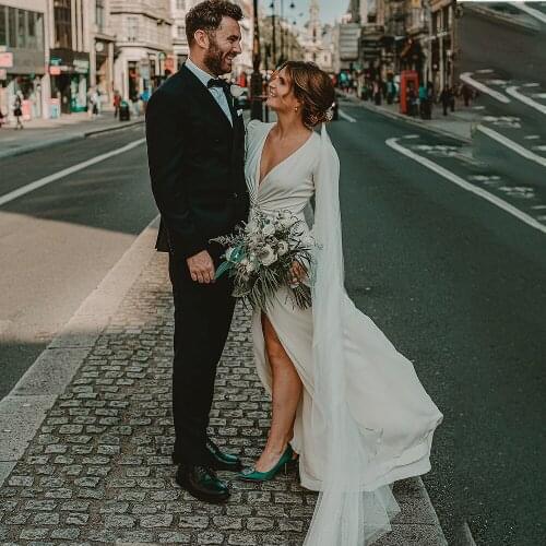 High Split Chiffon Wedding Dress Long Sleeves Simple Pleated Beach 2021 Cheap Soft Plain Custom Made A Line V-Neck Bridal Gowns