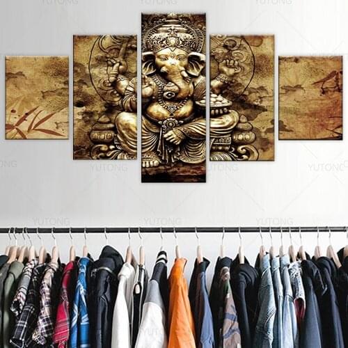 Modern HD Printed Canvas Posters Home Decor 5 Pieces India Ganesha Paintings Framed Wall Art Elephant Trunk God Pictures
