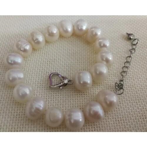 Wedding Woman Bracelet 9x10mm white pearl silver Heart Clasp Natural Freshwater Pearl Handmade Jewelry adjustable size