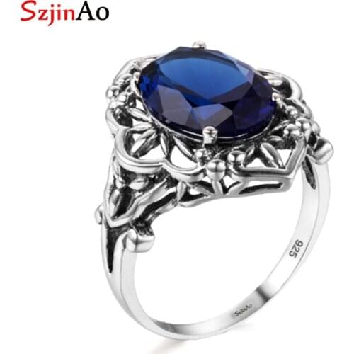 Szjinao Sapphire Rings Oval Flower Elegant Victorian Dark Blue Gemstone Ring 925 Sterling Silve Carve Kate Fine Jewelry Wedding