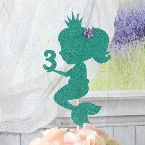 Personalize glitter little mermaid under the sea girl birthday cake toppers baby shower double-side glittery cake toppers