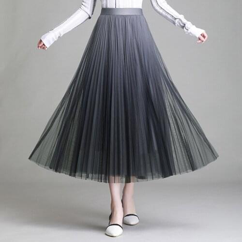 Gradient Color Mesh Pleated Skirt Women Fashion Elegant Korean Style Elastic High Waisted Big Swing Long Skirt Spring Fall 8828