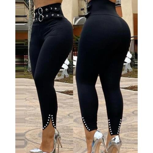 Woman Plus Size Elestic High Waist Skinny Leggings Split Rivet Double Breasted Sexy Legging Trousers Harajuku Pants Streetwear