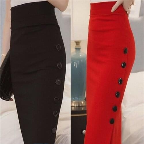 Women Elegant Slim Pencil Skirts High Waist Ladies Skirt Side Split Button Office Ladies Bodycon Fitted Skirts KH856258
