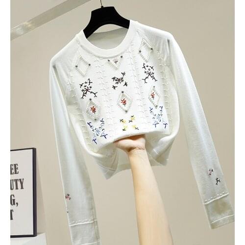Womens Autumn Cloth Embroidery Beaded Diamond Long Sleeve Knit Shirt Female Design Temperament Sweater Jumper Ladies Crop Tops