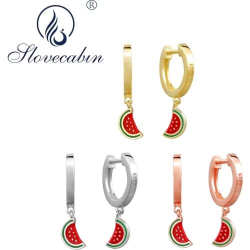 Slovecabin Authentic 925 Sterling Silver Watermelon Red Enamel Danging Earrings Femme Hoop Earrings Women Fashion Jewelry Making