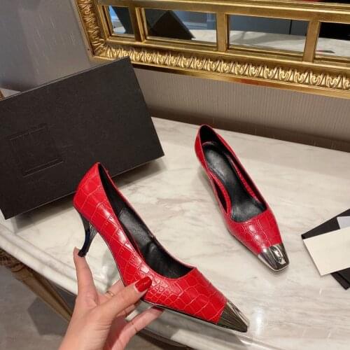 2021 Spring Autumn Sexy Pumps Square Toe Women Pumps Slip-On Women Shoes Metal Decor Genuine Leather High Heels New Shoes Woman