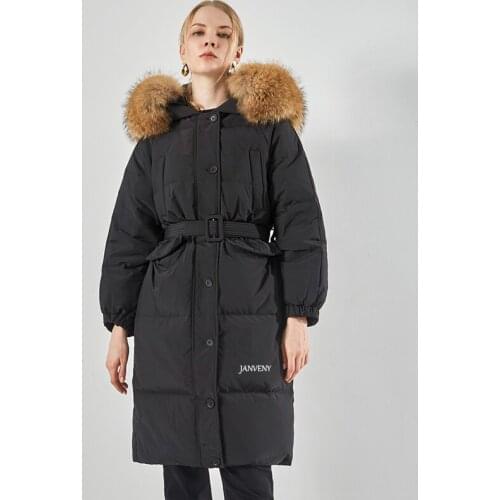 2021 Winter New Fluffy Raccoon Fox Fur Collar Loose Thick Cold-Proof Down Jacket Women Lace Up Waist Knee Duck Feather Coat