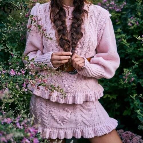 GBYXTY Vintage Twisted Knitted Sweater Set Women Autumn Long Sleeve Ruffles Sweater and Mini Ruffles Skirt 2 Piece Set ZA2573