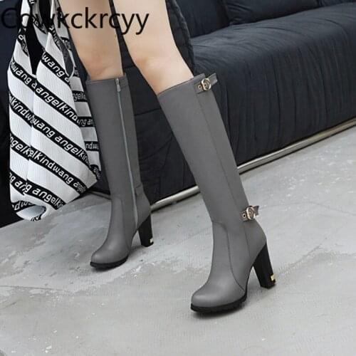 Winter The New fashion Round head Thick heel Tall tube Knight boots Plus cashmere Keep warm High heel Women boots size 34-43