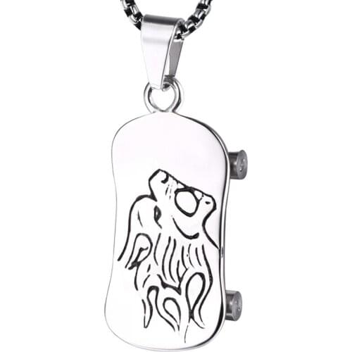 RIR Hip Hop Gold Color Stainless Wolf Head Skateboard Pendants Chains Charms Bling Scooter Mens Jewelry Gifts Wholesale