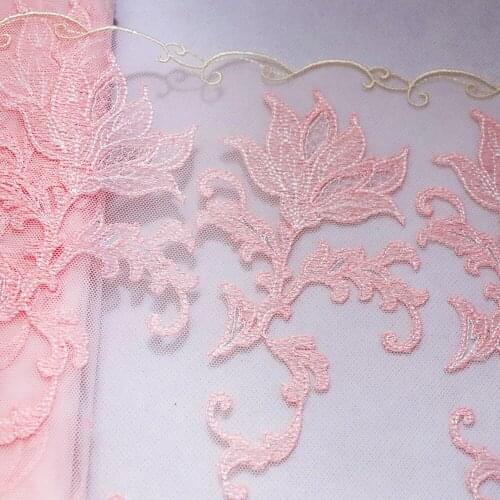 1Meter 26.5CM Wide SIngle Side Flower Embroidered Lace Trim Pink Tulle Fabric For Lingerie Underwear Bra Dolls Dress Decoration