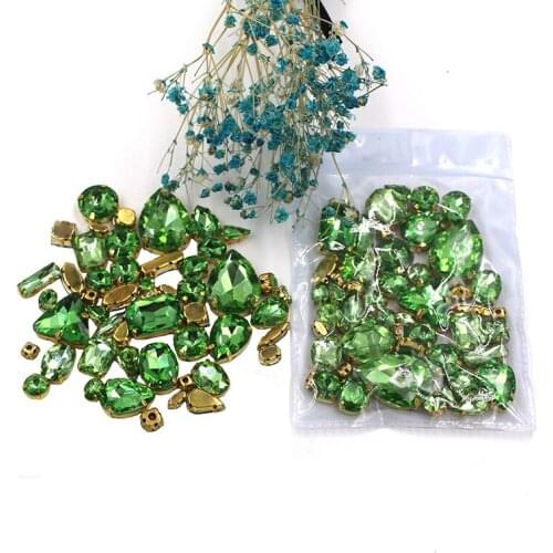 50pcs/bag Clothing accessories mixed shape Light green glass crystal sewing rhinestones with gold base for dress/garment/shoes