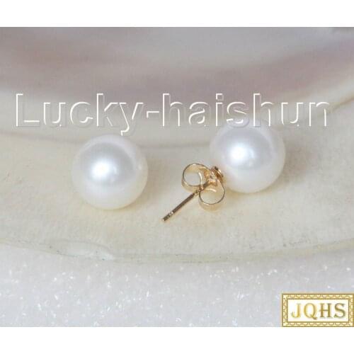 AAA++ luster 10mm perfect round white pearls Earrings solid gold Stud j10534