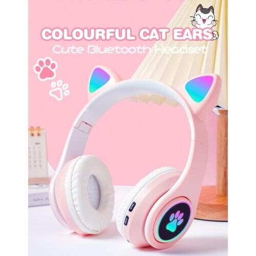 ANMONE Flash LED Bluetooth Headphone Cute Cat Ears Wireless Earphone Girl Stereo Bass Music Headband Foldable Headset With Mic