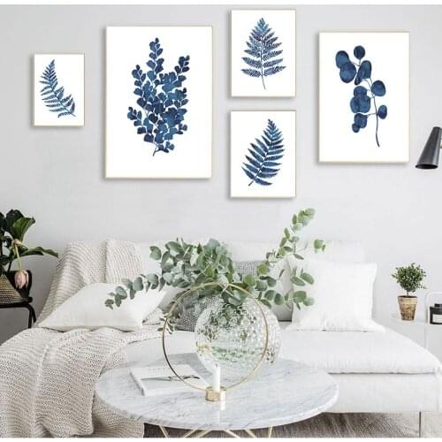 Ink Blue Fern Prints Watercolor Indigo Leaf Botanical Art Canvas s , Ink Blue Eucalyptus Foliage Painting Home Wall Decor