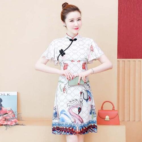 2021 New Improved Cheongsam Slim National Style Summer Qipao Chinese Costume Retro Floral Printing Medium Length Robe Dress