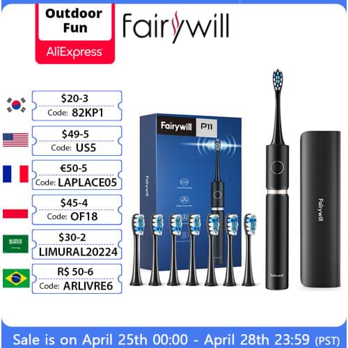Fairywill Sonic Whitening Electric Toothbrush P11 Clean 4 Heads and 1 Travel Case USB ADA Accepted Waterproof IPX7 For Adult