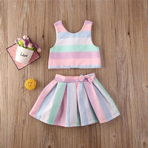 Baby Girl Set 0-3Y Fashion Toddler Baby Kid Girl Clothes Off Shoulder Rainbow Stripes T-shirt+Skirts Sleeveless Outfits Set