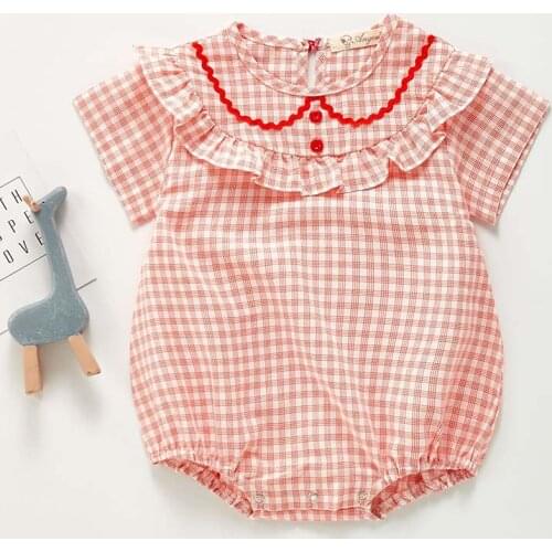 Summer Baby Girls Clothes Baby Bodysuit Lattice Doll Collar Lace Short Sleeves Triangle Jumpsuit Infant One-piece Clothing