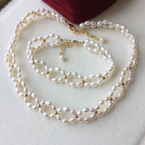 14K Gold Natural Freshwater Pearl Woven Necklace Bracelet Set Handmade Jewelry for Women Gift Jewelry Sets Pearl Jewelry Set