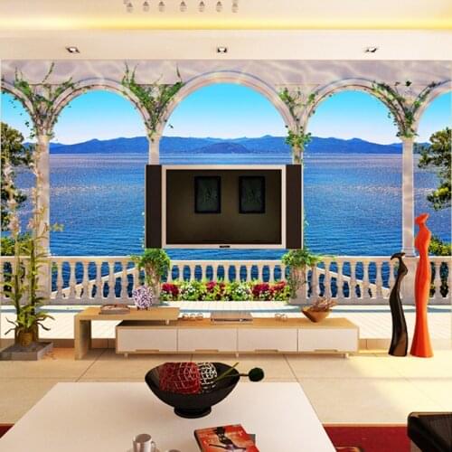Custom Wall Mural Wallpaper 3D Window Sea View Large Wall Painting Living Room Sofa TV Background Straw Pattern Wallpaper Modern