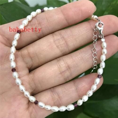New natural 3-4 MM White pearl bracelet 7 inch Tibetan silver clasp Long chain 3CM
