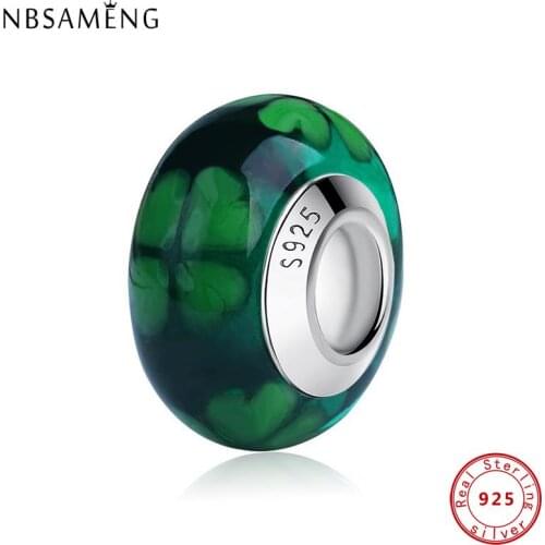 925 Sterling Silver Original Lucky Four-leaf Clover Murano Glass DIY Bead Charm Fit Original Bracelets Charms Jewelry