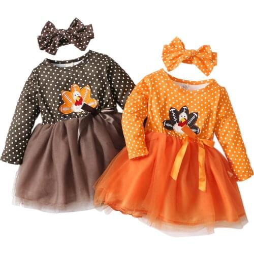 Infant Kids Baby Girl’s Casual Long Sleeve Dress Cartoon Turkey Embroidery Mesh Yarn A-line Short Dress and Headband 18M-6T