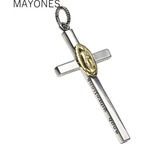 MAYONES Cross Pendant with Virgin Mary Pendant Solid 925 Sterling Silver Necklace for Unisex Vintage Jewelry